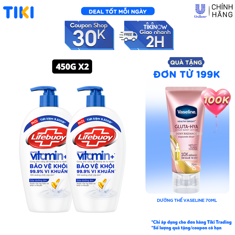 Combo 2 Nước Rửa Tay Lifebuoy Chăm Sóc Da Giúp Dưỡng Ẩm Mềm Mại Và Bảo Vệ Khỏi 99.9 Vi Khuẩn Trên Tay Chai 450G