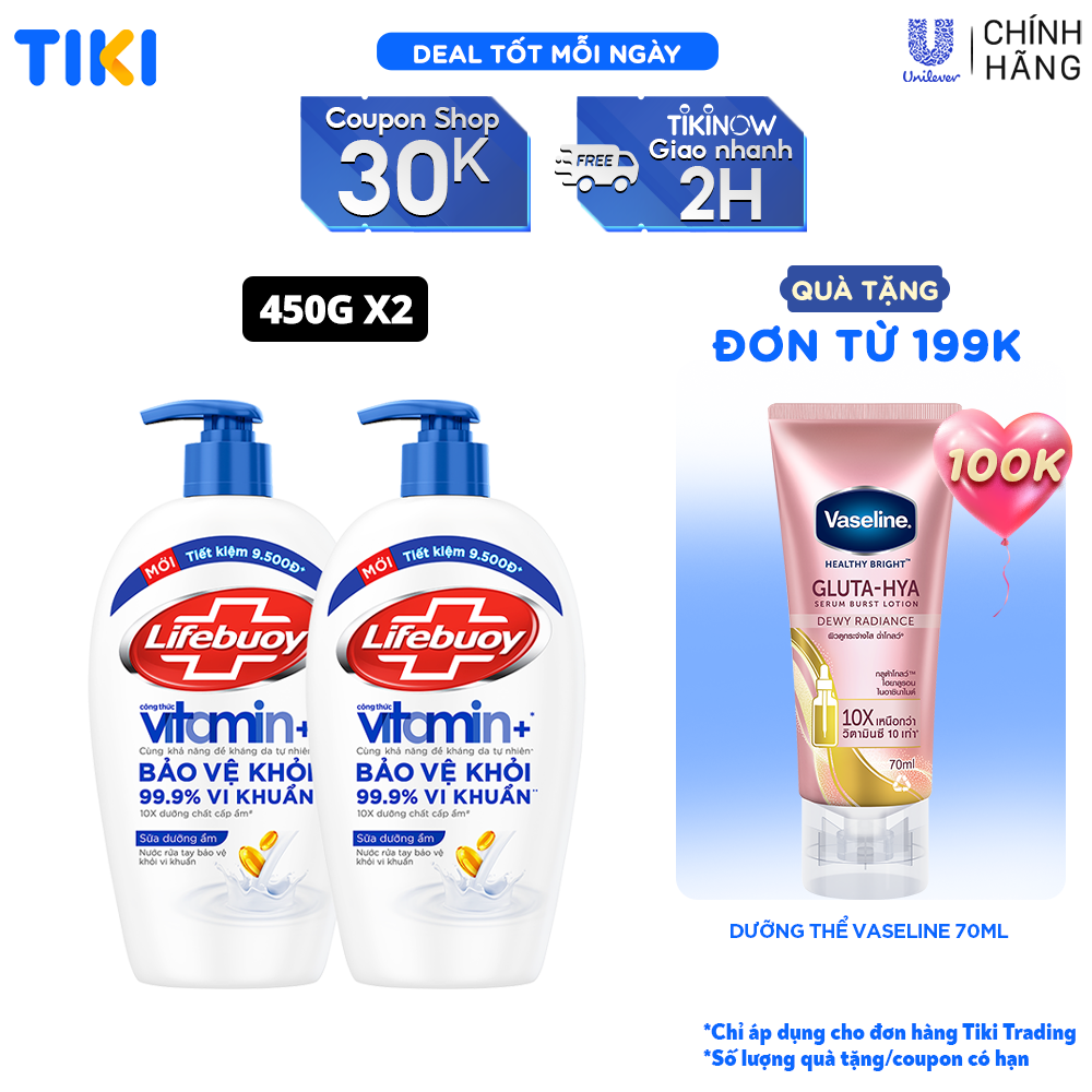 Combo 2 Nước Rửa Tay Lifebuoy Chăm Sóc Da Giúp Dưỡng ẩm Mềm Mại Và Bảo Vệ Khỏi 99.9% Vi Khuẩn Trên Tay Chai 450G