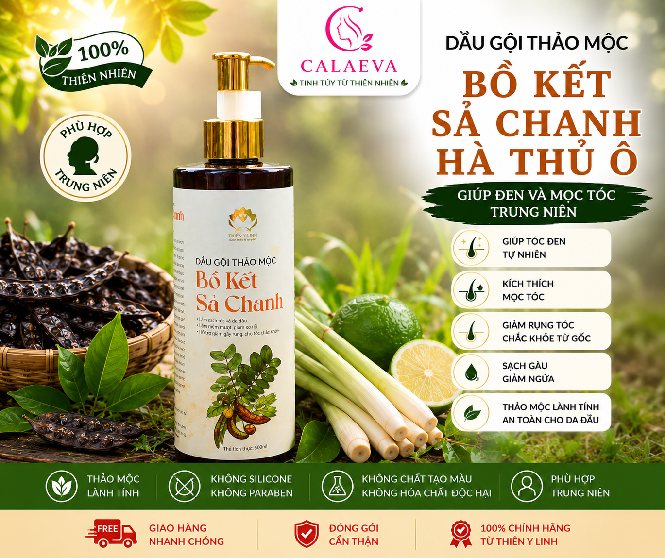 Dầu Gội thảo mộc Bồ Kết Sả Chanh Hà Thủ Ô giúp đen và mọc tóc trung niên