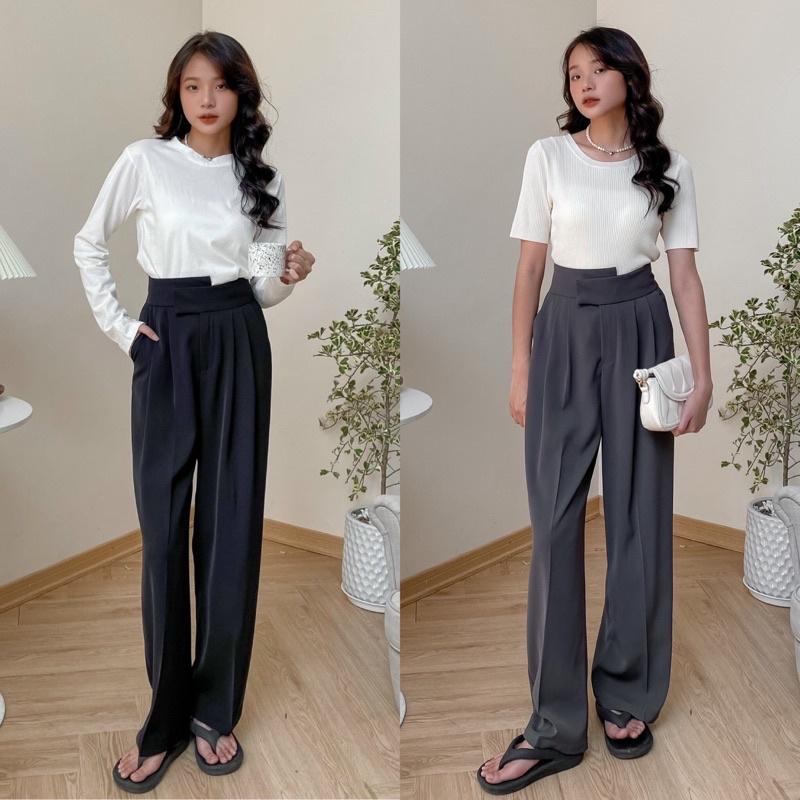 Quần culottes vải nữ cạp cao khuy chéo ống suông 74q06 by germe