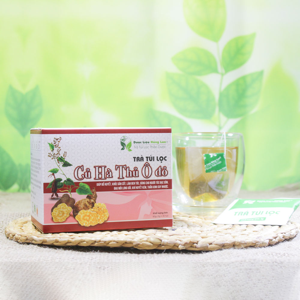 Trà Củ Hà Thủ Ô Đỏ túi lọc hộp 60g Dược Liệu Hồng Lan - Giúp bổ huyết, khỏe gân cốt, làm đen tóc, Dùng cho người tóc bạc sớm, đau mỏi lưng gối, khí huyết kém, thần kinh suy nhược.