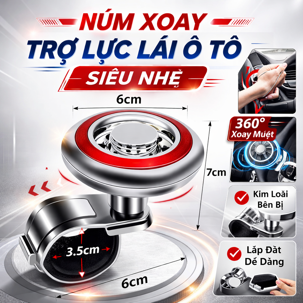 Núm Xoay Trợ Lực Lái Ô Tô Siêu Nhẹ – Xoay 360° Mượt, Lái Xe Nhẹ Tay Bất Ngờ