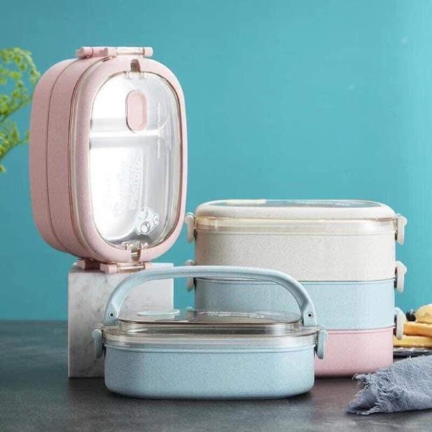 Hộp cơm lúa mạch 2 tầng có quai xách