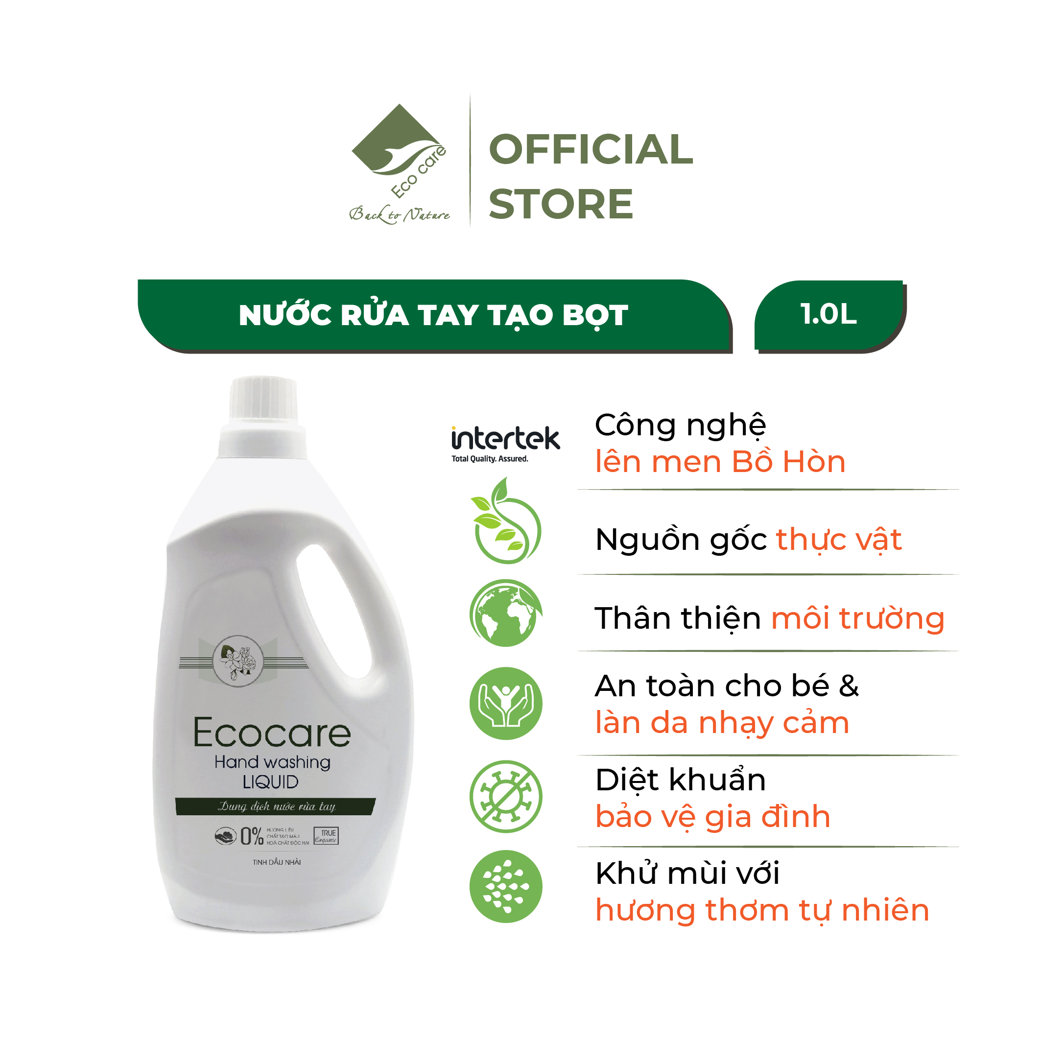 Nước rửa tay hữu cơ diệt khuẩn dạng bọt hương Nhài 1000ml thương hiệu Ecocare