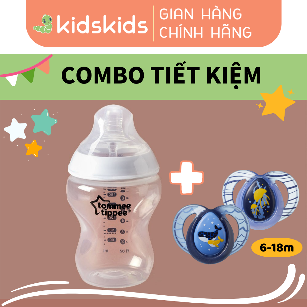 COMBO Ty ngậm dạ quang cho bé Tommee Tippee Night Time 6-18 tháng &amp; Bình sữa ty siêu mềm tự nhiên Tommee Tippee 260ml