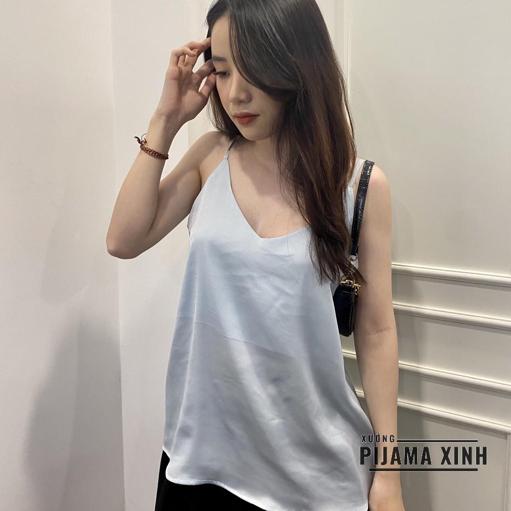 Áo hai dây nữ - lụa Satin cổ V màu xanh