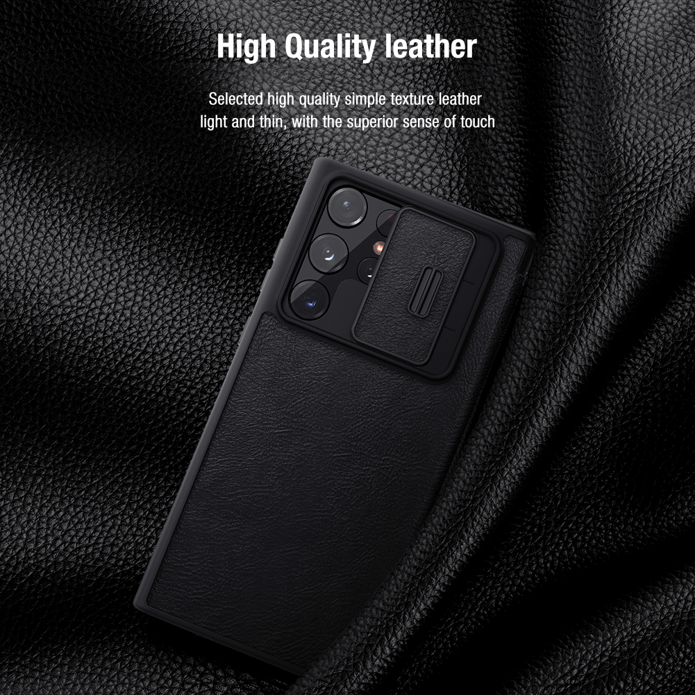 Case bao da chống sốc cho Samsung Galaxy S22 Ultra hiệu Nillkin Qin Pro trang bị nắp bảo vệ Camera - hàng nhập khẩu