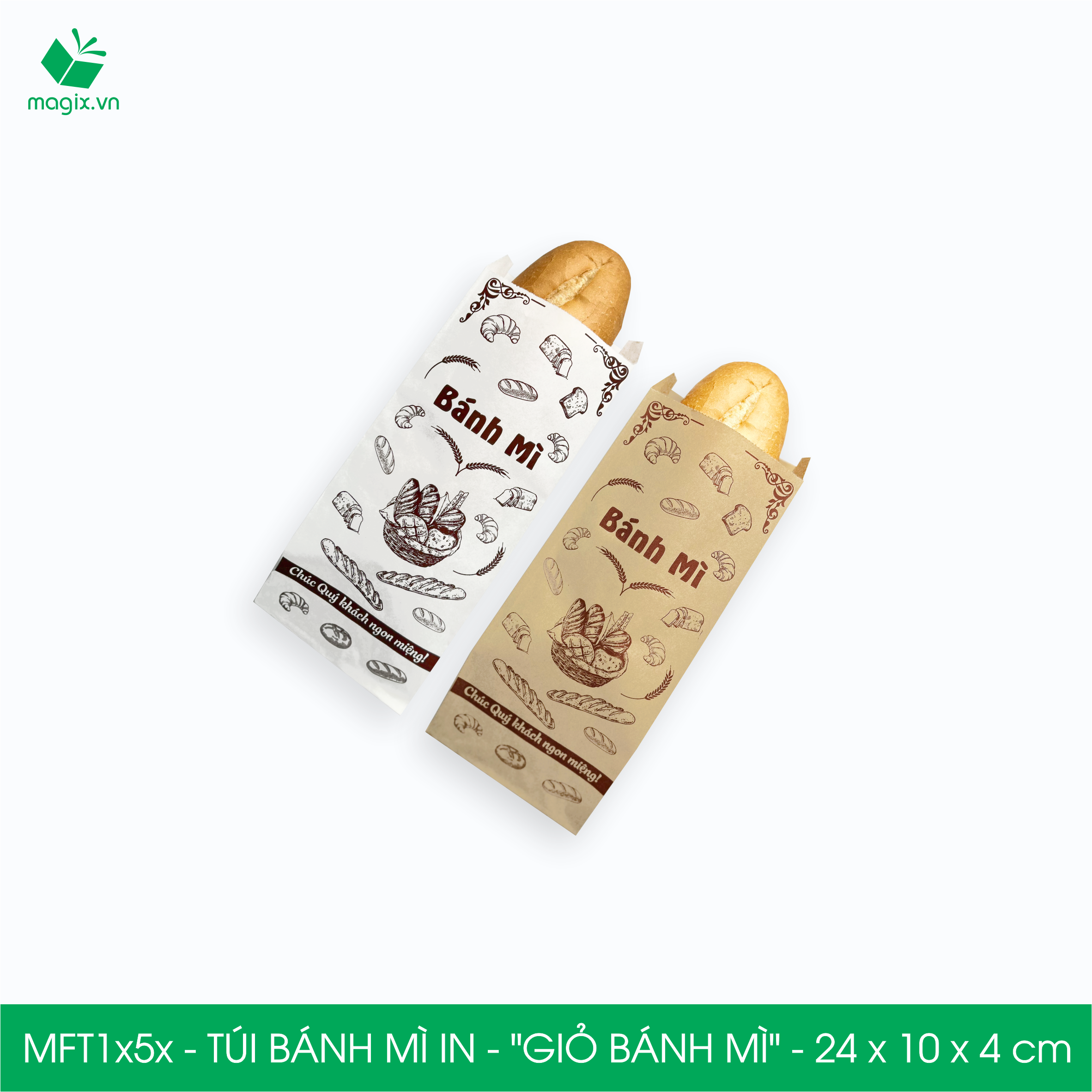 Combo 100 Túi bánh mì 24x10x4 cm, in sẵn họa tiết GIỎ BÁNH MÌ - Bao bánh mì Túi giấy thực phẩm an toàn