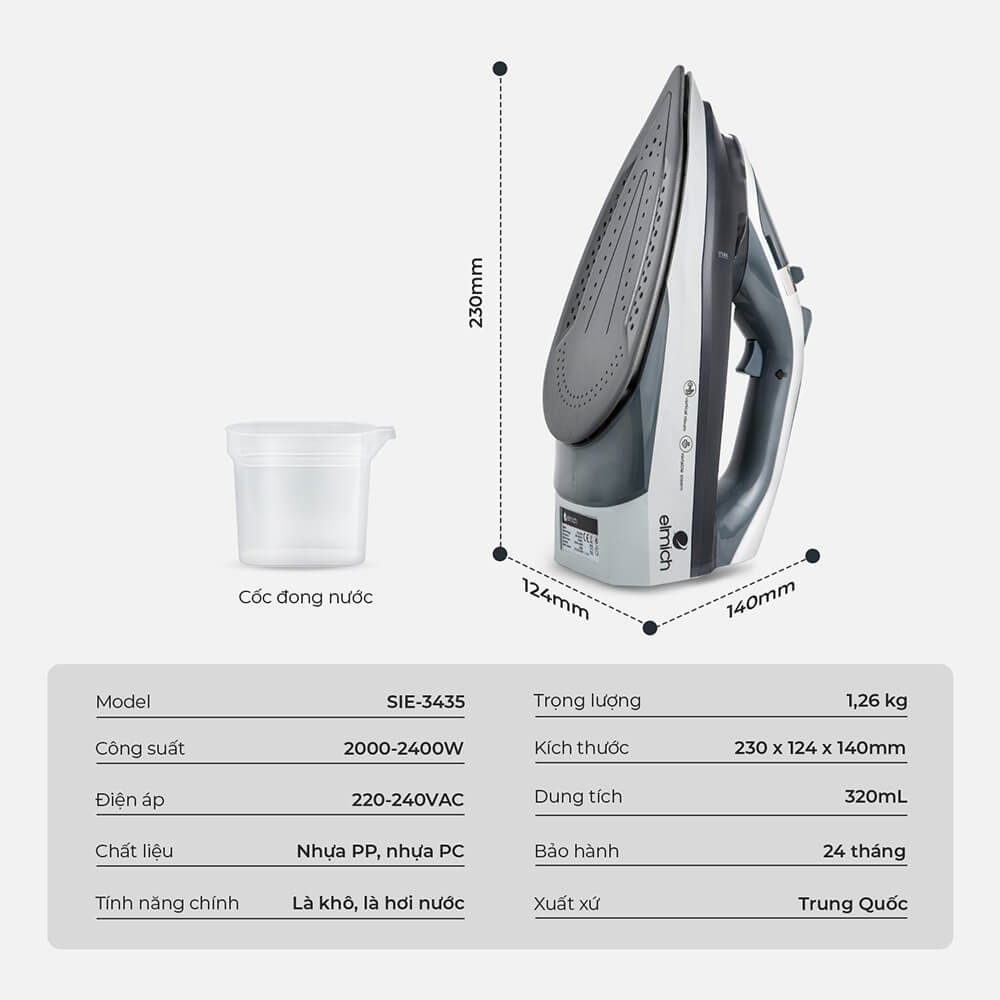 Bàn là hơi nước Elmich SIE-3435 1200W, Hàng chính hãng, mặt đế phủ Ceramic, tuỳ chỉnh nhiệt độ - JoyMall