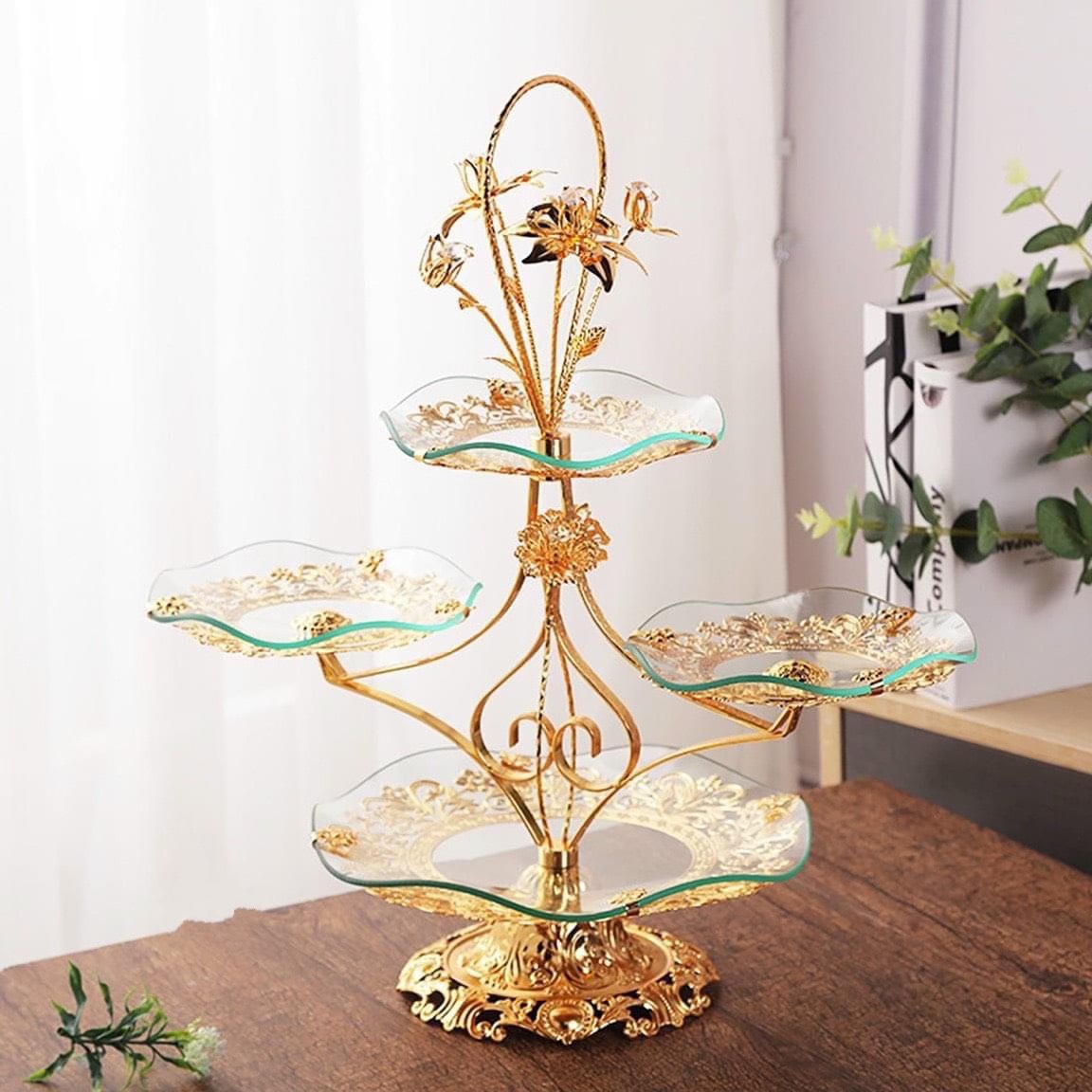 Khay thủy tinh 3 tầng đựng hoa quả, bánh kẹo, các loại hạt khô viền & đế kim loại decor trang trí bàn ăn, tiệc buffet