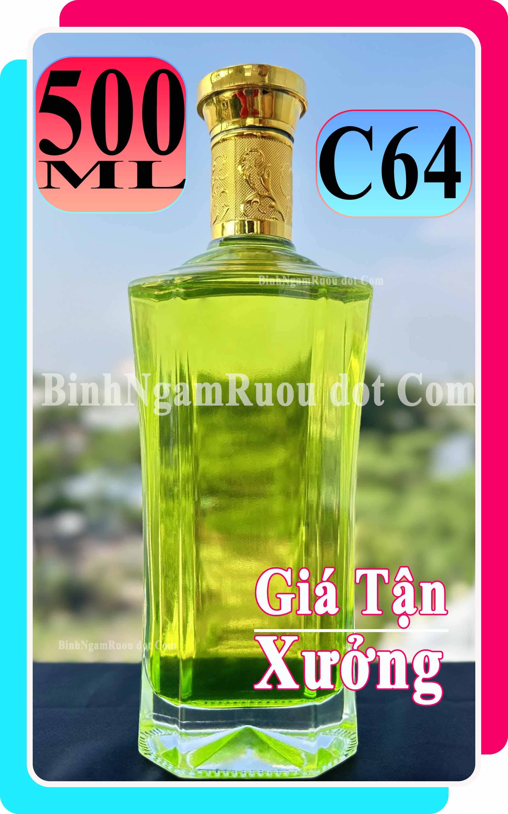 C64 Chai Đựng Rượu Thủy Tinh Dáng Trụ Nắp Vàng Sang Trọng - Cao Cấp 500ml - Đẹp Cao Cấp - Nắp Kín Thủy Tinh Trong - Quà Biếu Sang Trọng