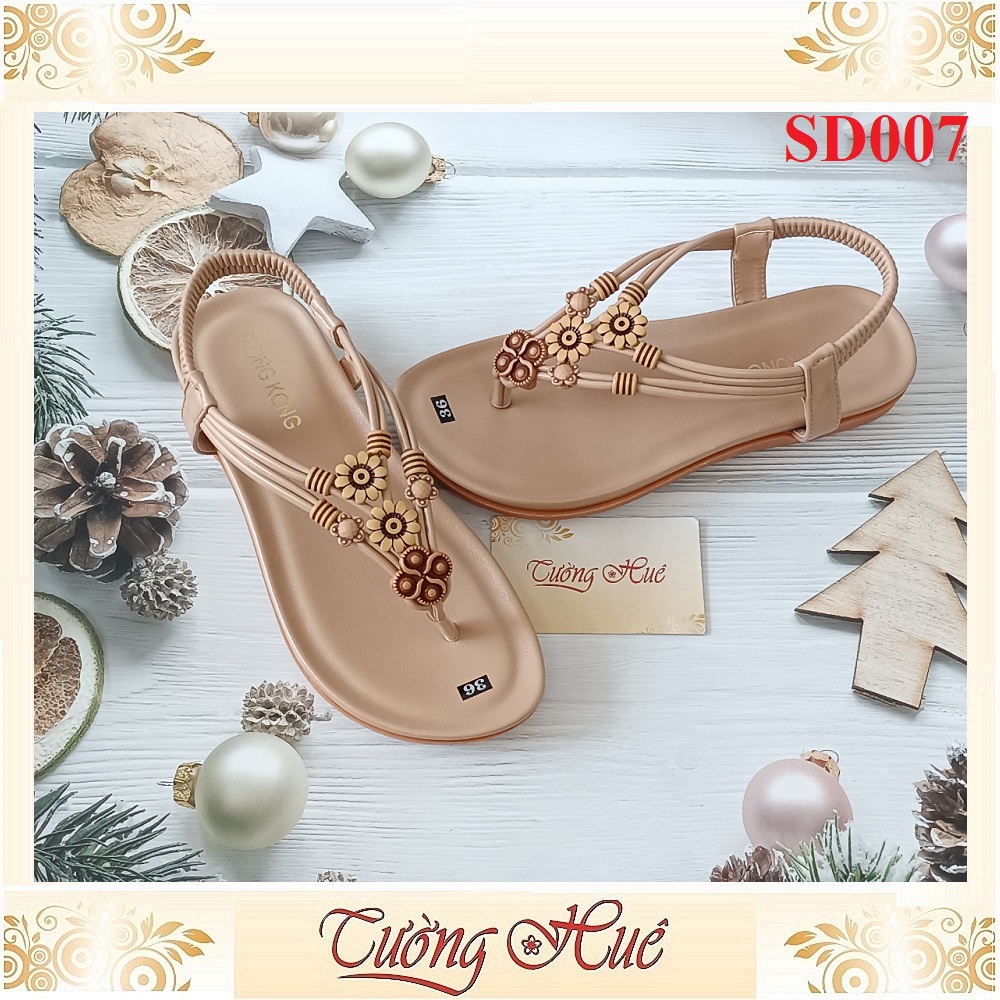 [Ảnh Thật 100%] Sandal Nữ Xỏ Ngón Quai Đính Hoa Đế Bệt - SD007