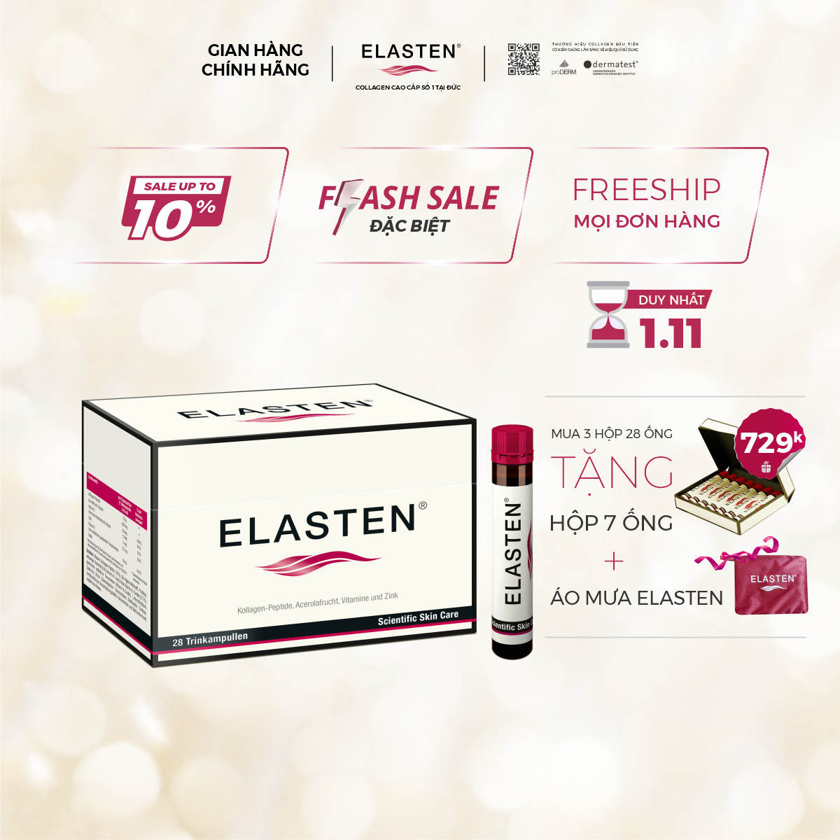 1 Hộp 28 Ống Collagen Elasten Giúp Da Căng Mịn, Chống Lão Hóa, Tóc Chắc Khỏe - Collagen Số 1 Tại Đức