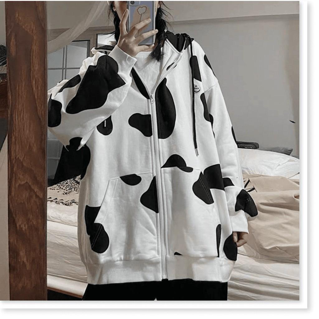 ÁO KHOÁC HOODIE BÒ SỮA SIÊU CUTE CO DÂY KÉO CÓ NÓN FO,M RỘNG TKT