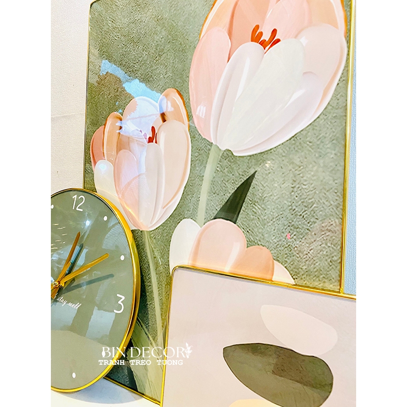 (CÓ ẢNH THẬT) Tranh đồng hồ tráng gương hoa tulip bộ 3 tranh bo viền kèm đinh và pin