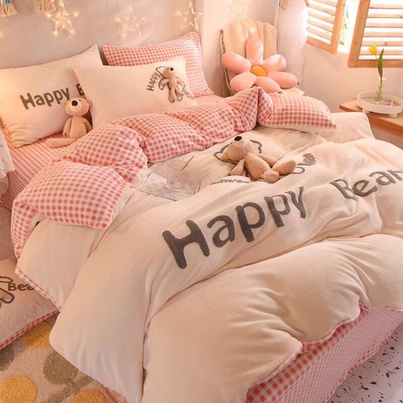 Bộ ga gối vỏ chăn nỉ nhung gấu Happy bear 4 món