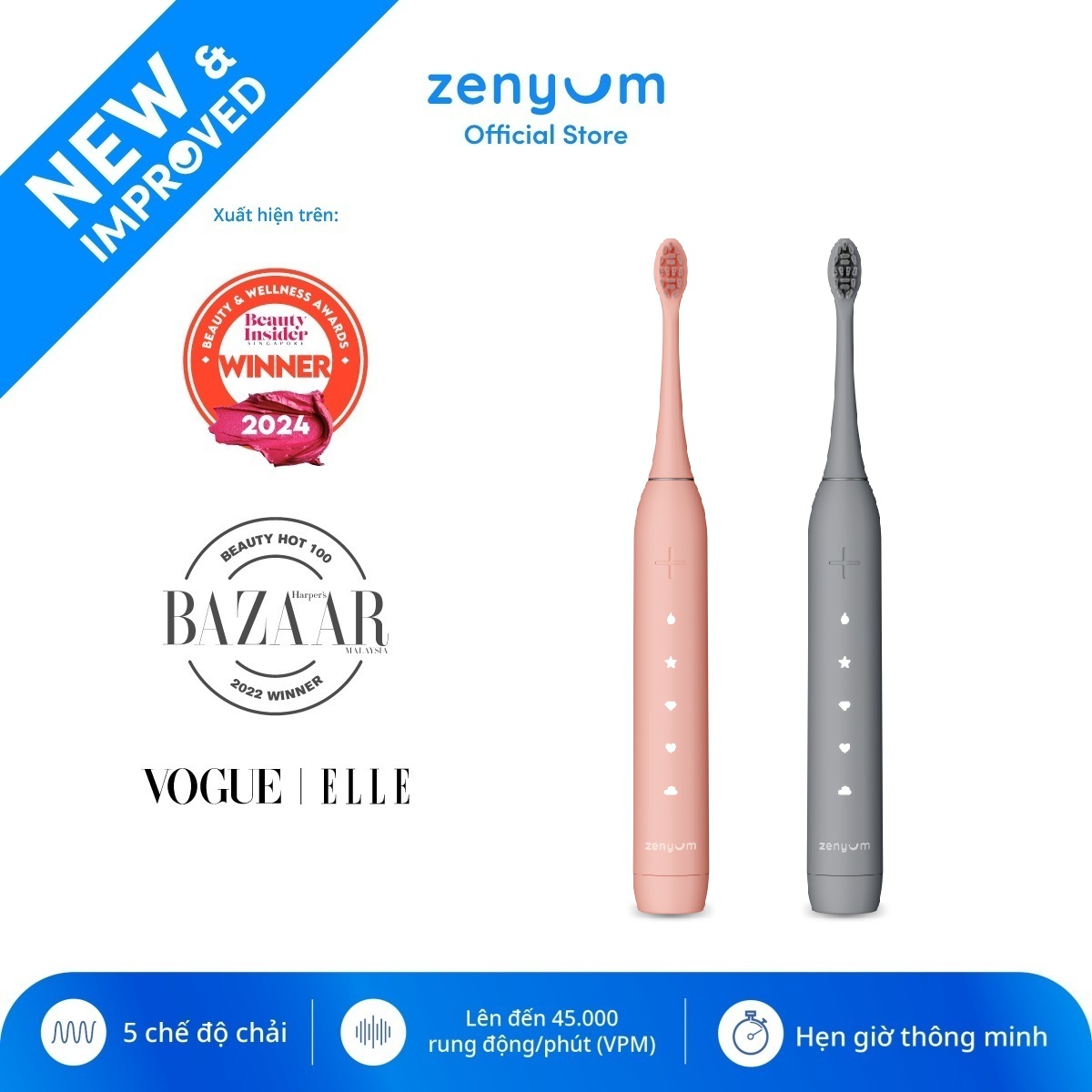 Chính Hãng Combo 2 Bàn Chải Đánh Răng Điện Zenyum Sonic 2.0 -Mau tư chon- Công Nghệ Singapore – 1x Đen, 1x Hồng San Hô