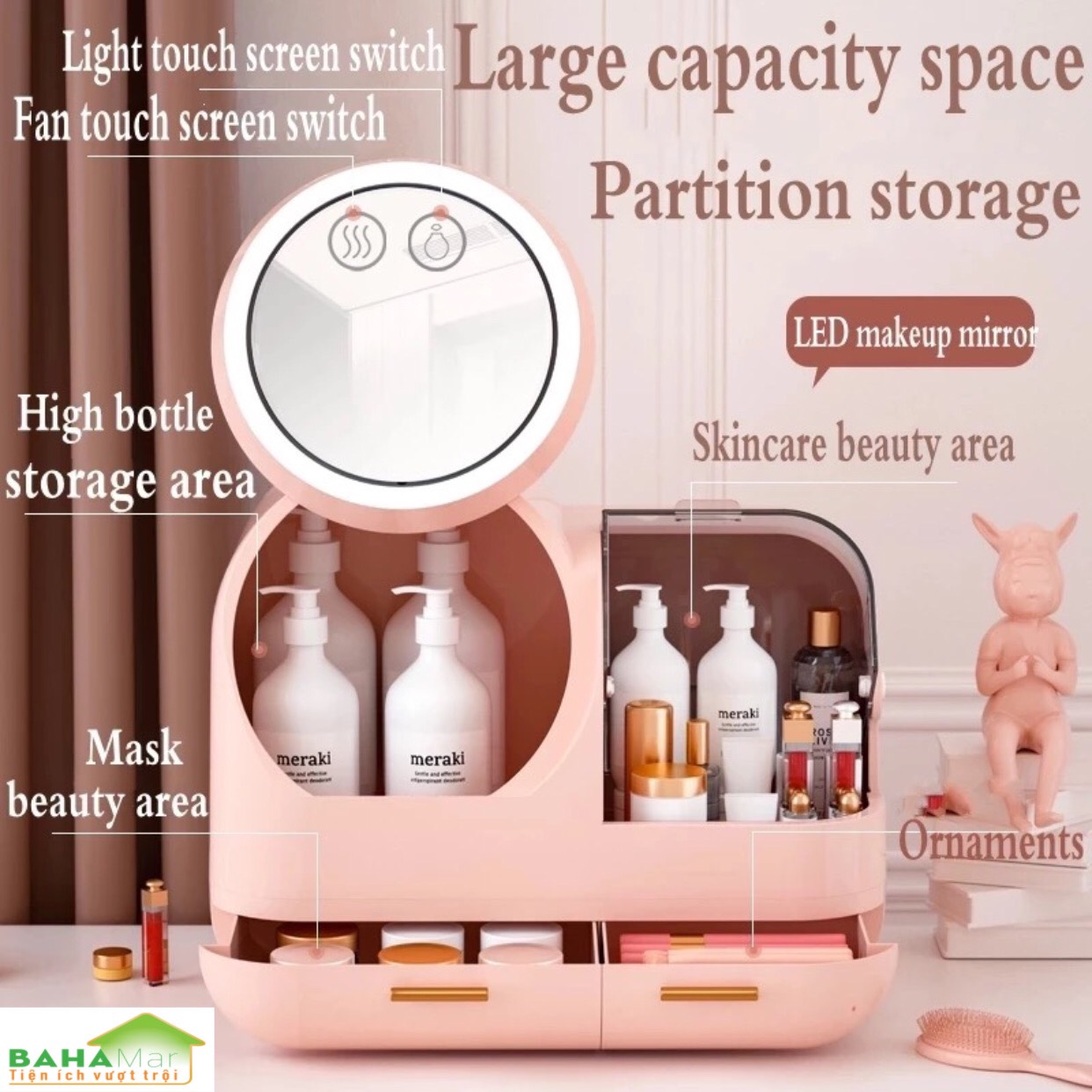 HỘP ĐỰNG MỸ PHẨM CÓ GƯƠNG TRANG ĐIỂM ĐÈN LED QUẠT BAHAMAR có quạt thổi khô lớp trang điểm thiết kế tay cầm dễ dàng xách di chuyển hộp chống bụi v