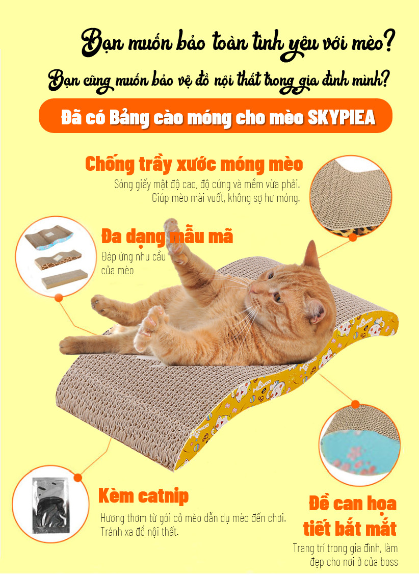 Bàn Cào Móng Dạng Sóng Cho Mèo Lớn - Tặng kèm CatNip - Giúp Mèo Thư Giãn