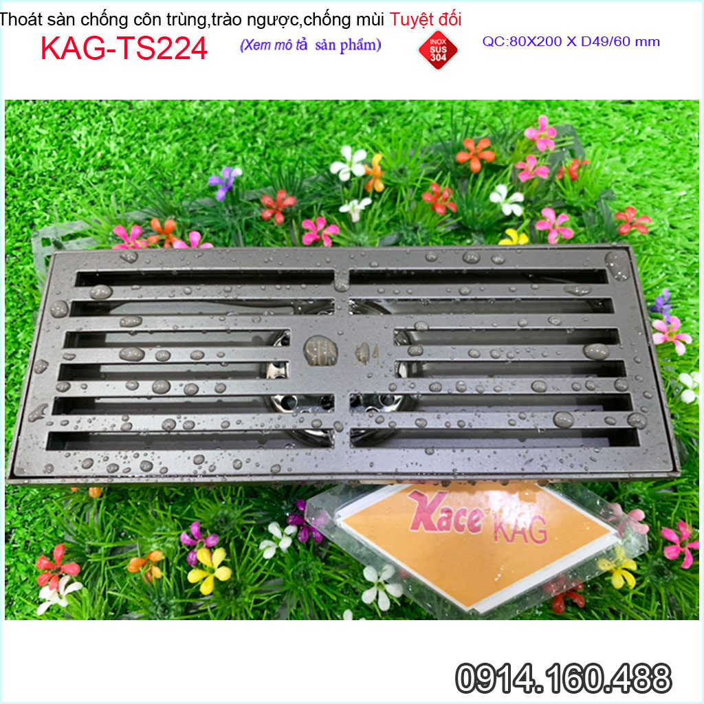 Phễu thoát sàn 8x20 cm KAG-TS224 mặt sọc chống hôi ngăn mùi, Thoát sàn nhà tắm D49-D60 màu đen Inox304 hình chữ nhật thoát nước nhanh