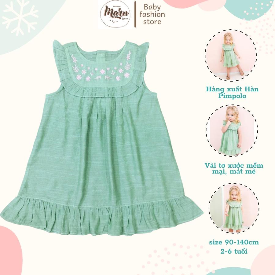 Đầm Pimpollo Xuất Hàn Thêu Hoa 2 Lớp Chất Vải Tơ Xước An Toàn Cho Bé Từ 2-7 tuổi