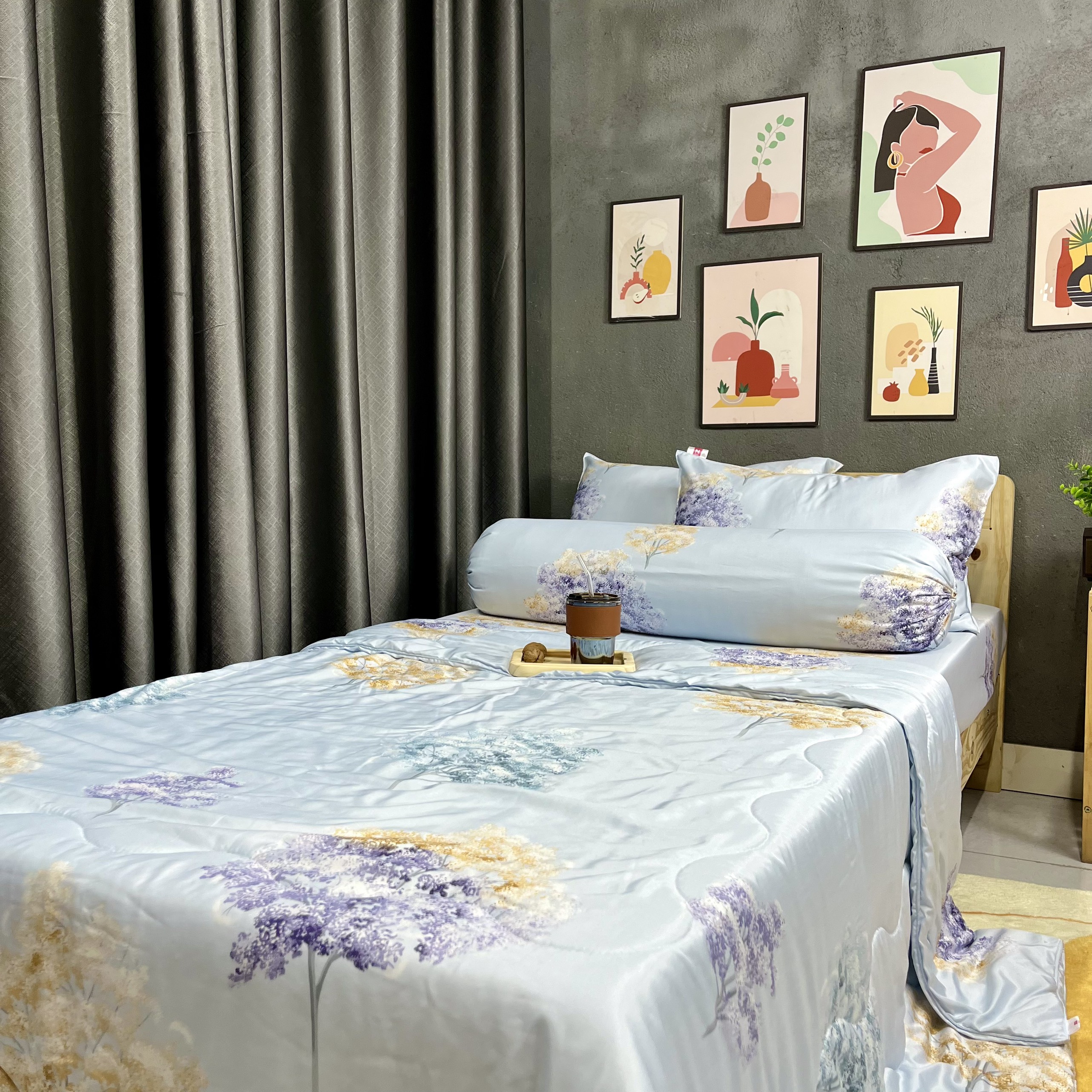 Bộ Chăn Ga Gối Đệm Phi Lụa Tencel Bộ Chăn Ga 5 Món Drap Giường