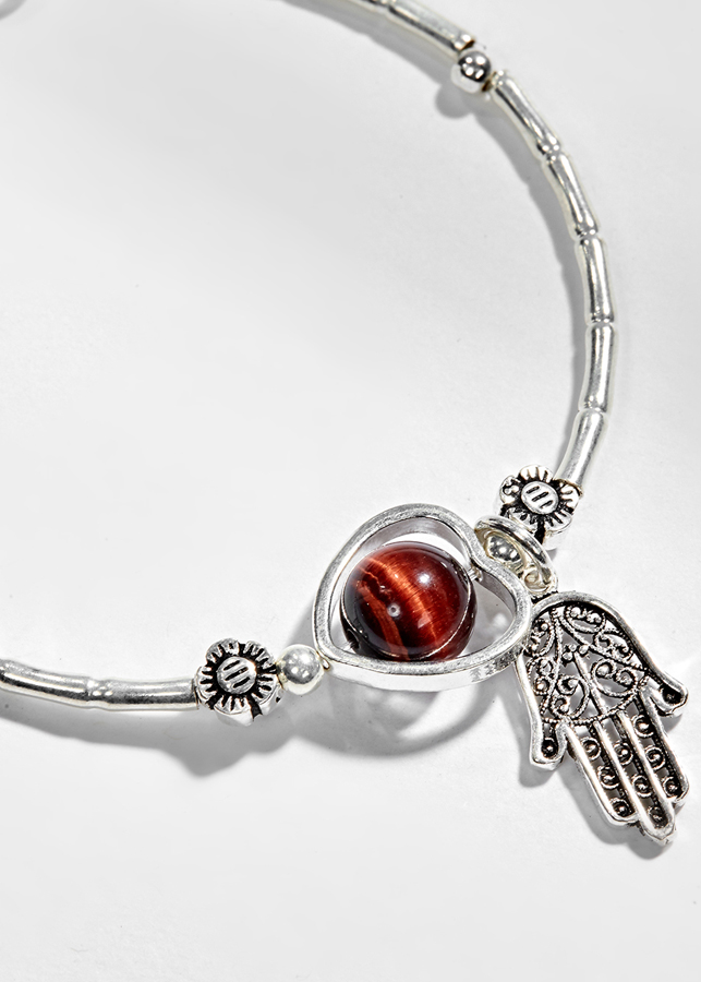 Vòng Tay Bạc 1 Hạt Đá Mắt Hổ Nâu Đỏ Phối Charm Bàn Tay Hamsa Bạc Ngọc Quý Gemstones