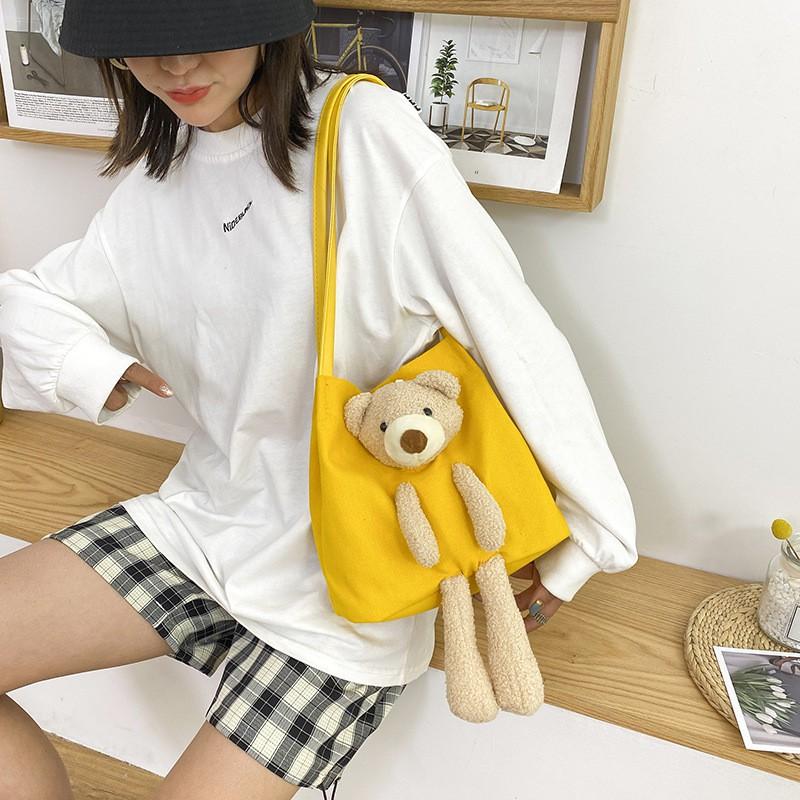 Cute Bear Canvas Bag Female Student Shoulder Messenger Bag Internet Celebrity Large Capacity Shoulder Bag