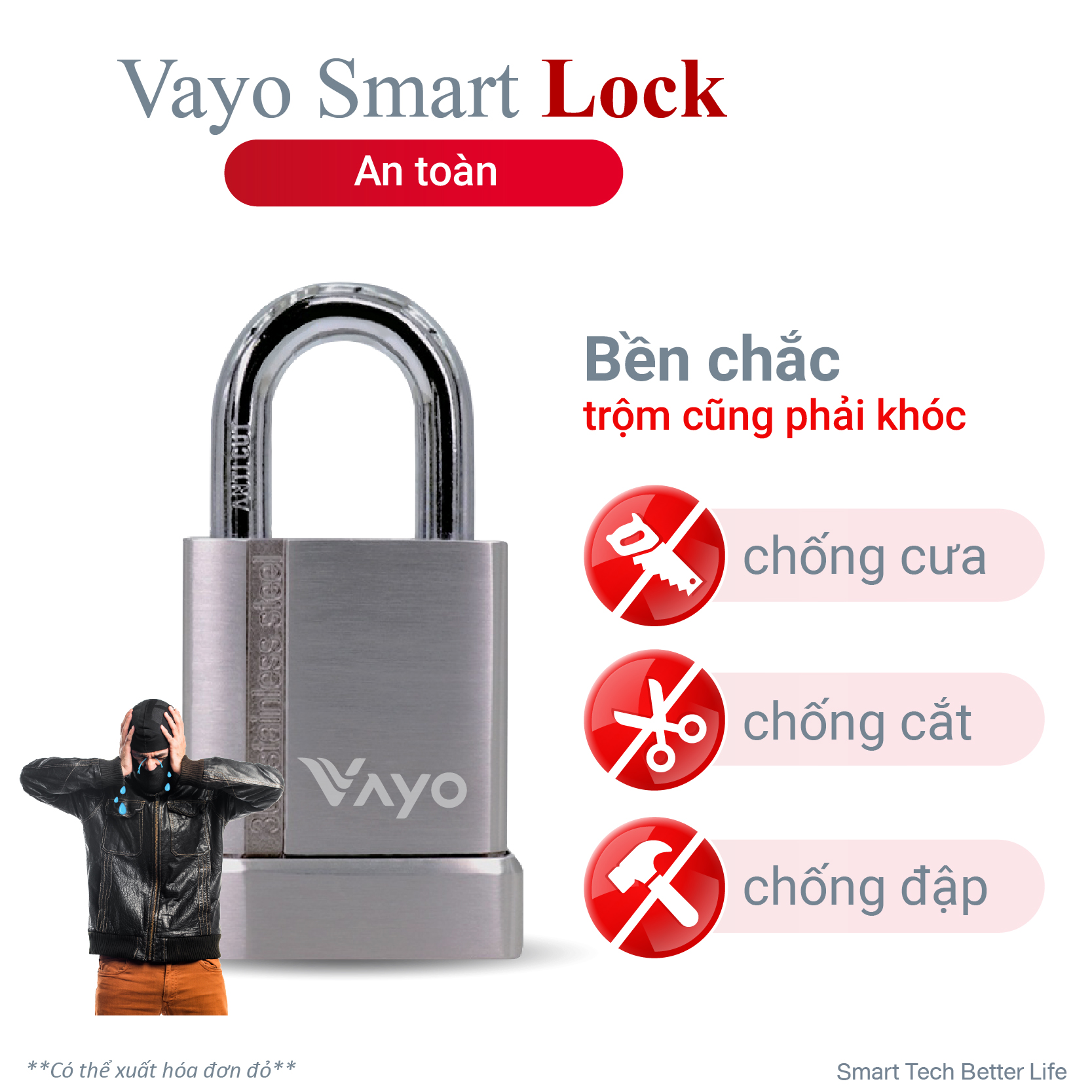 Khóa vân tay chống trộm thông minh Vayo Smart Lock - Thép SUS 304 siêu bền chắc, điều khiển qua ứng dụng