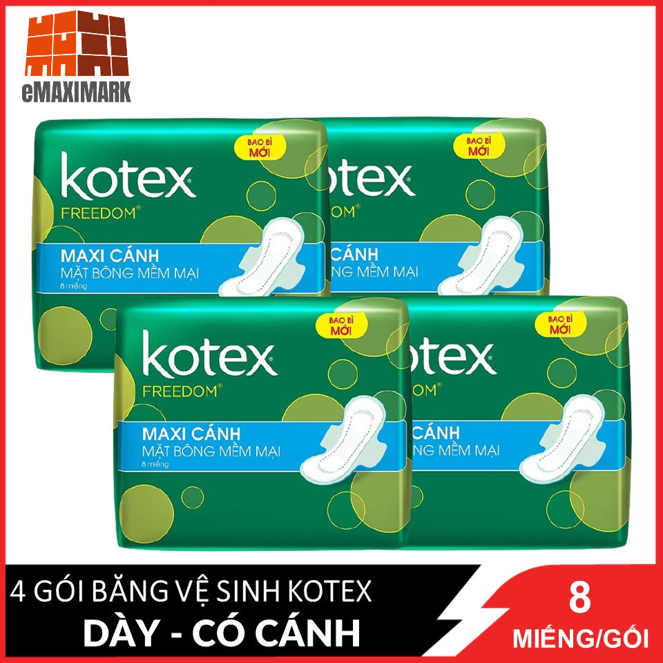 Combo 4 Băng Vệ Sinh Maxi 23cm Kotex FreeDom Mặt Bông Mềm Mại 8 miếng