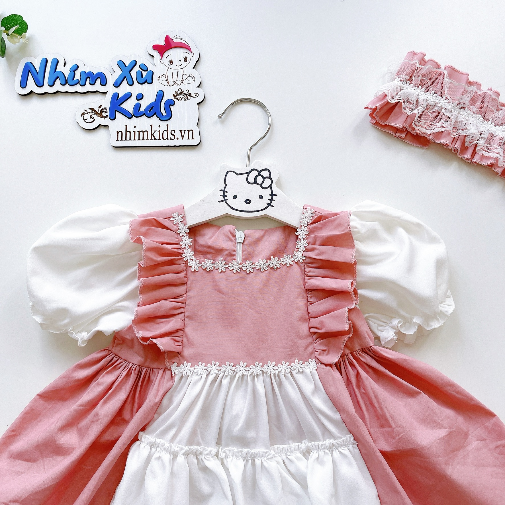 Váy Lolita bèo hồng bé gái 4 đến 17kg, Đầm bé gái chất lụa nến mềm mát