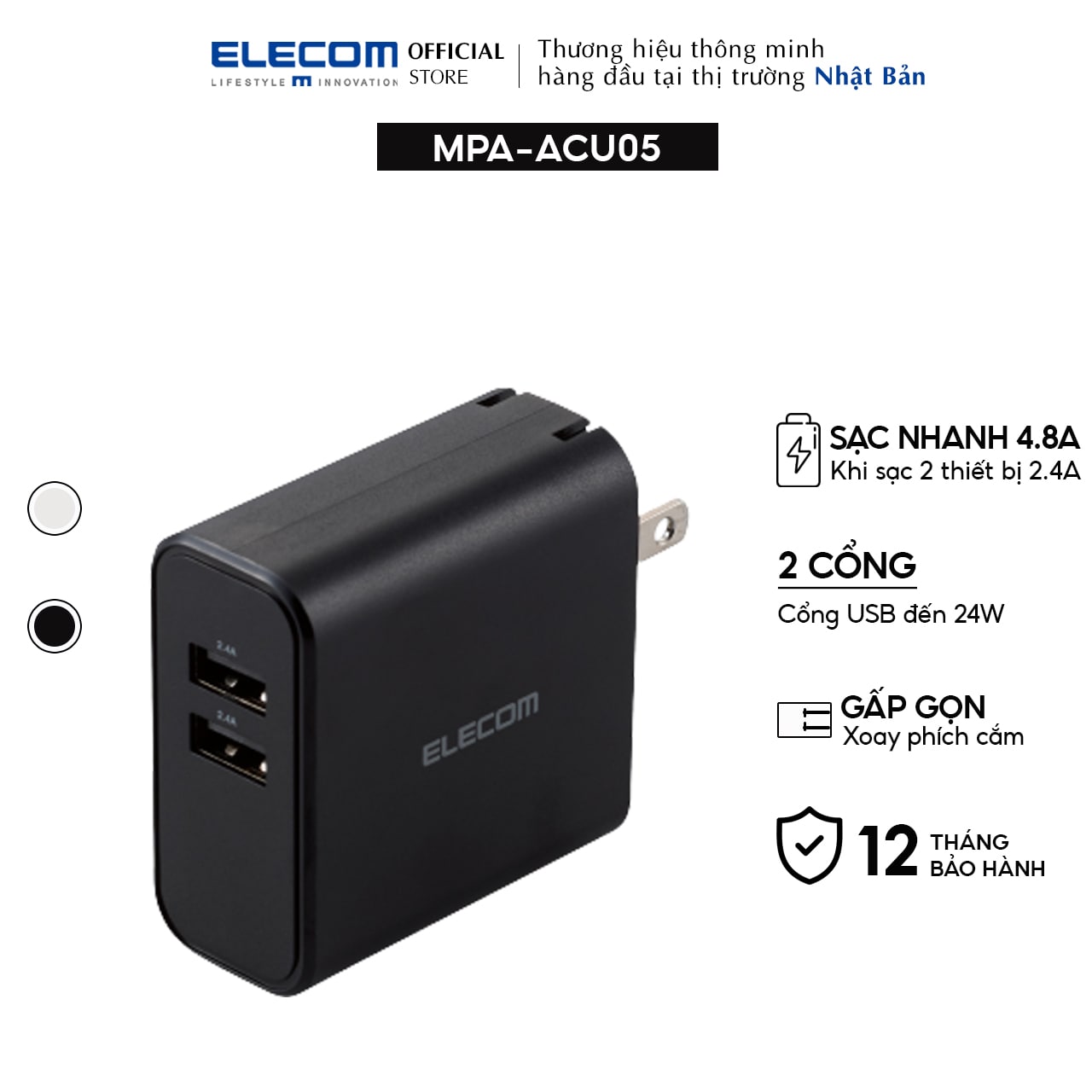 Củ sạc 2 cổng USB-A 24W ELECOM MPA-ACU05 - Hàng chính hãng