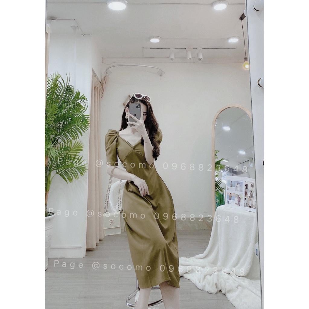 Đầm nữ cổ chữ V màu rêu tay bồng Socomo V272022 - Hàng loại 1, chất đẹp - Giá tốt