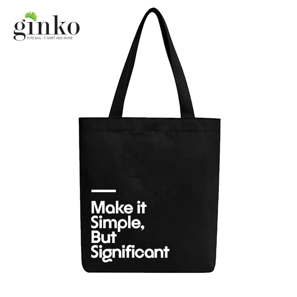 Túi Tote Vải Canvas Ginko kiểu basic có dây kéo khóa miệng túi đựng vừa laptop 14 inch và nhiều đồ dùng khác Phong Cách ulzzang Hàn Quốc In Hình Make It Simple B06