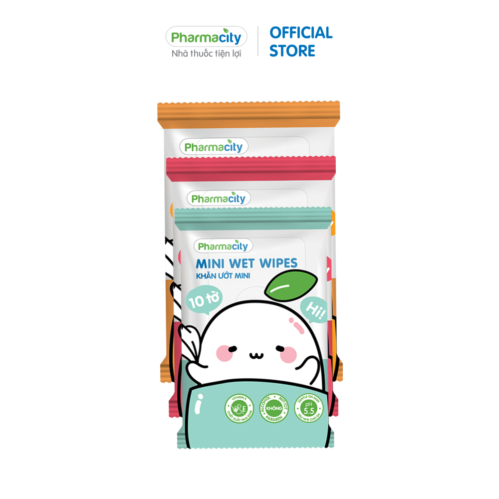 Khăn ướt mini Pharmacity Mini Wipes (Lốc 3 gói x 10 tờ)