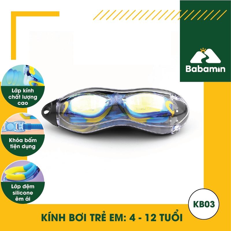 Kính Bơi Trẻ Em 4 - 12 Tuổi Cao Cấp - Kèm Bịt Tai, Tráng Gương, Có Hộp Đựng - KB03