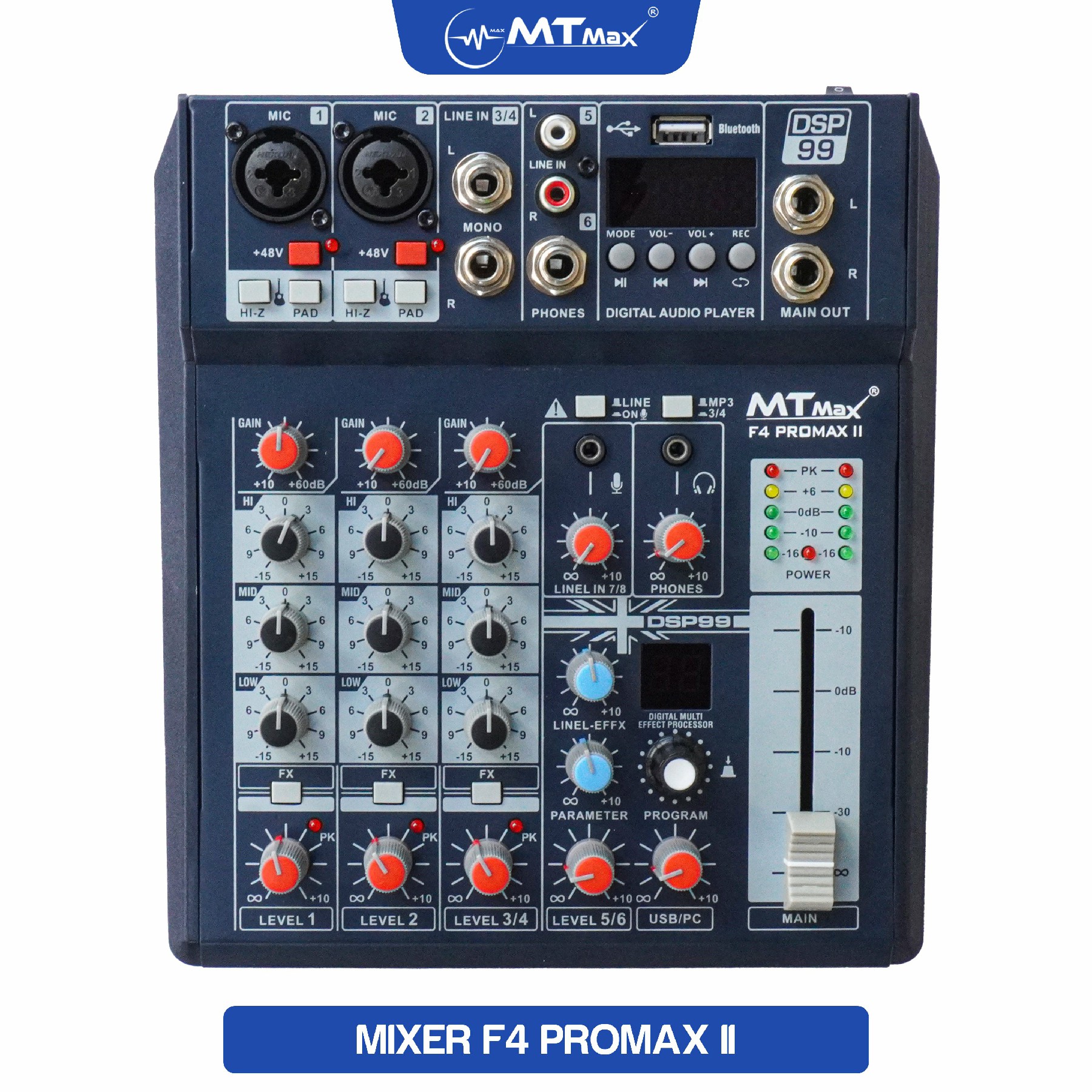 Bàn trộn Mixer MTMax F4 ProMax II - 99 chế độ vang số DSP - 4 kênh, 2 màn hình led hiển thị - Có Bluetooth, nguồn 48V cho micro condenser - Chuyển đổi thành sound card thu âm chuyên nghiệp - Dùng được với loa kéo, amply, dàn karaoke - Hàng chính hãng