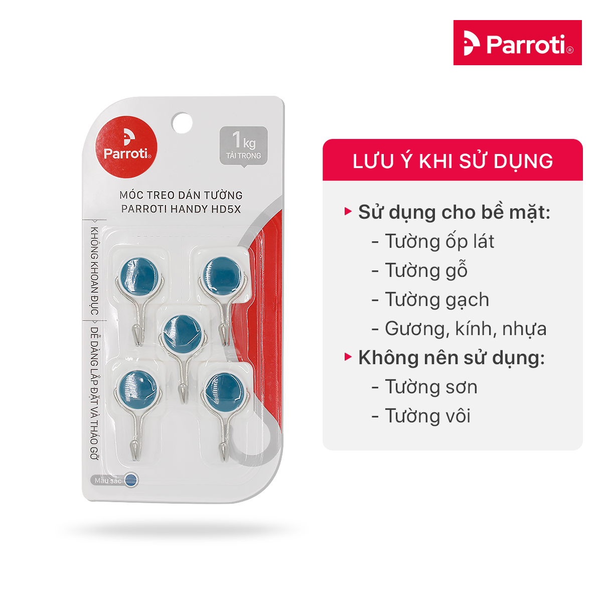 Bộ 5 Móc Treo Dán Tường Đa Năng, Móc Treo Đồ Dán Tường - Parroti Handy HD05