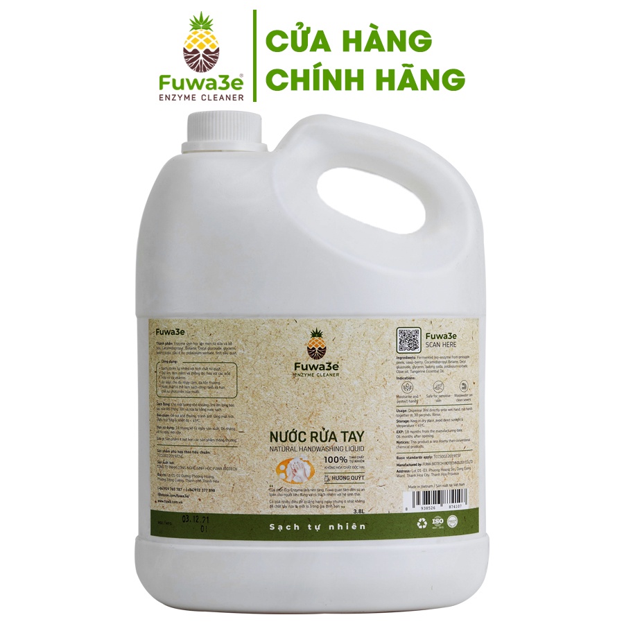 Nước rửa tay sát khuẩn Fuwa3e hữu cơ mùi tinh dầu quýt từ chế phẩm Enzyme sinh học 3.8L