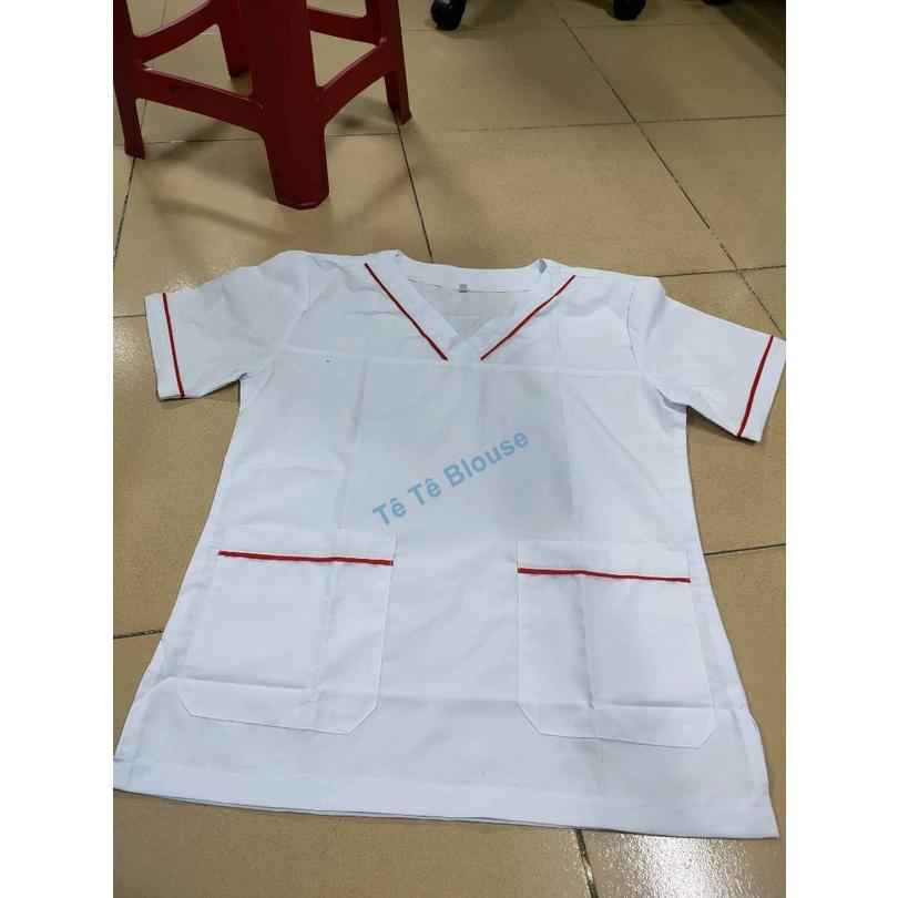 Hình ảnh Bộ blouse cổ tim viền đỏ nam nữ cộc tay - bộ scrubs kỹ thuật viên cho điều dưỡng, dược sỹ, y tá, bác sĩ
