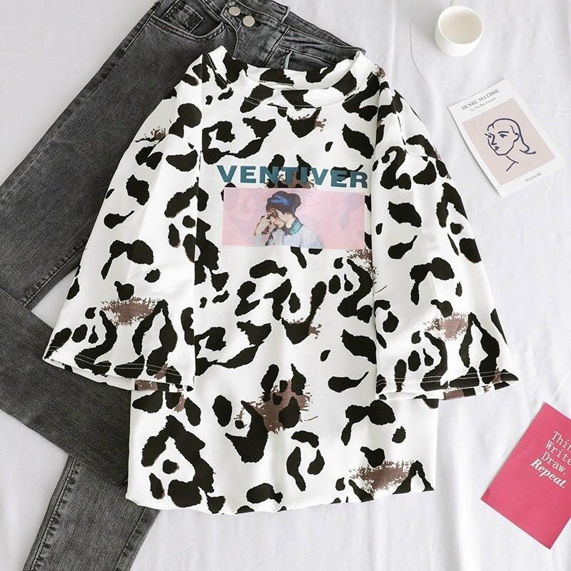 Áo Thun - Loang Bò Sữa In Hình Cô Gái Tay Lỡ Unisex nam nữ From Rộng