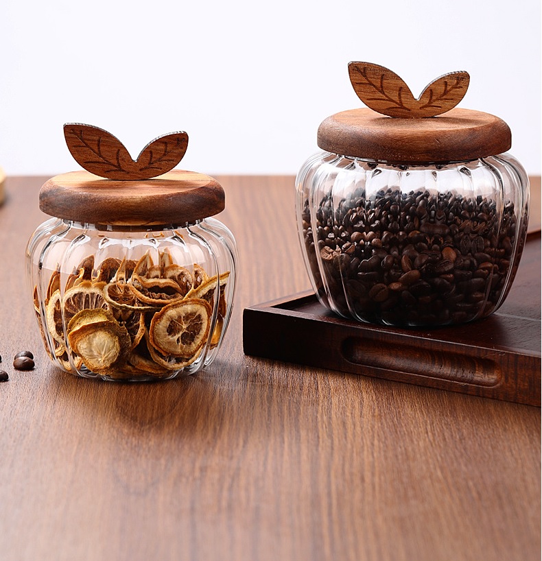 Lọ thủy tinh tròn nắp gỗ ron kín dung tích 700ml decor bếp