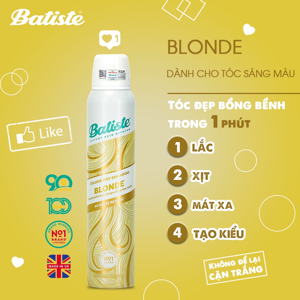 Dầu Gội Khô Dành Cho Tóc Vàng, Tóc Sáng Màu - Batiste Colour Dry Shampoo BLONDE 200ml