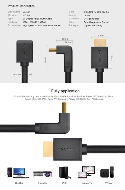 Ugreen UG10173HD103TK 2M màu Đen Cáp tín hiệu HDMI chuẩn 1.4 đầu bẻ góc 90 độ - HÀNG CHÍNH HÃNG