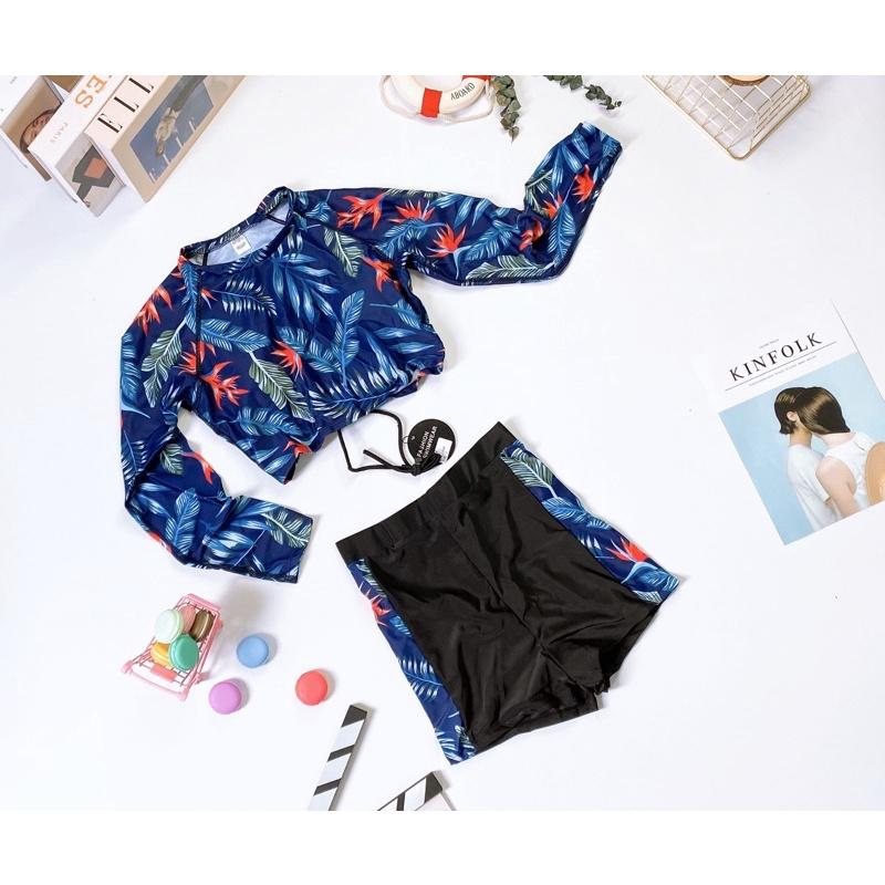 Bikini quần đùi cạp cao tay dài hoa lá