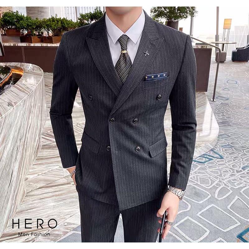 Bộ Vest Nam Hàn Quốc Kẻ Sọc Màu Ghi, Suit Nam 1 Cúc, 6 Cúc Màu ghi, Chất Vải Sịn