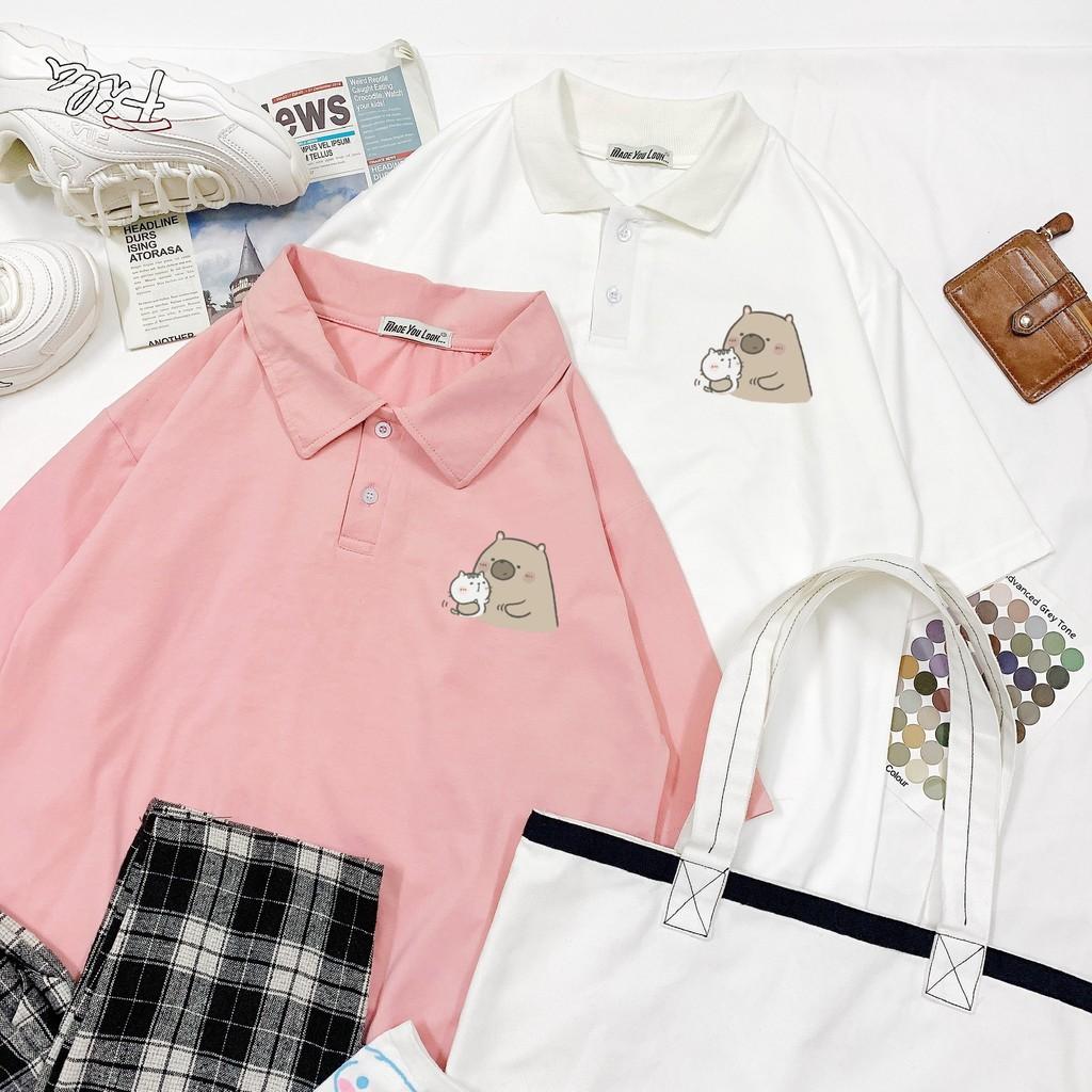 Polo Áo Thun Tay Lỡ Unisex Gấu Ôm Mèo Ulzzang