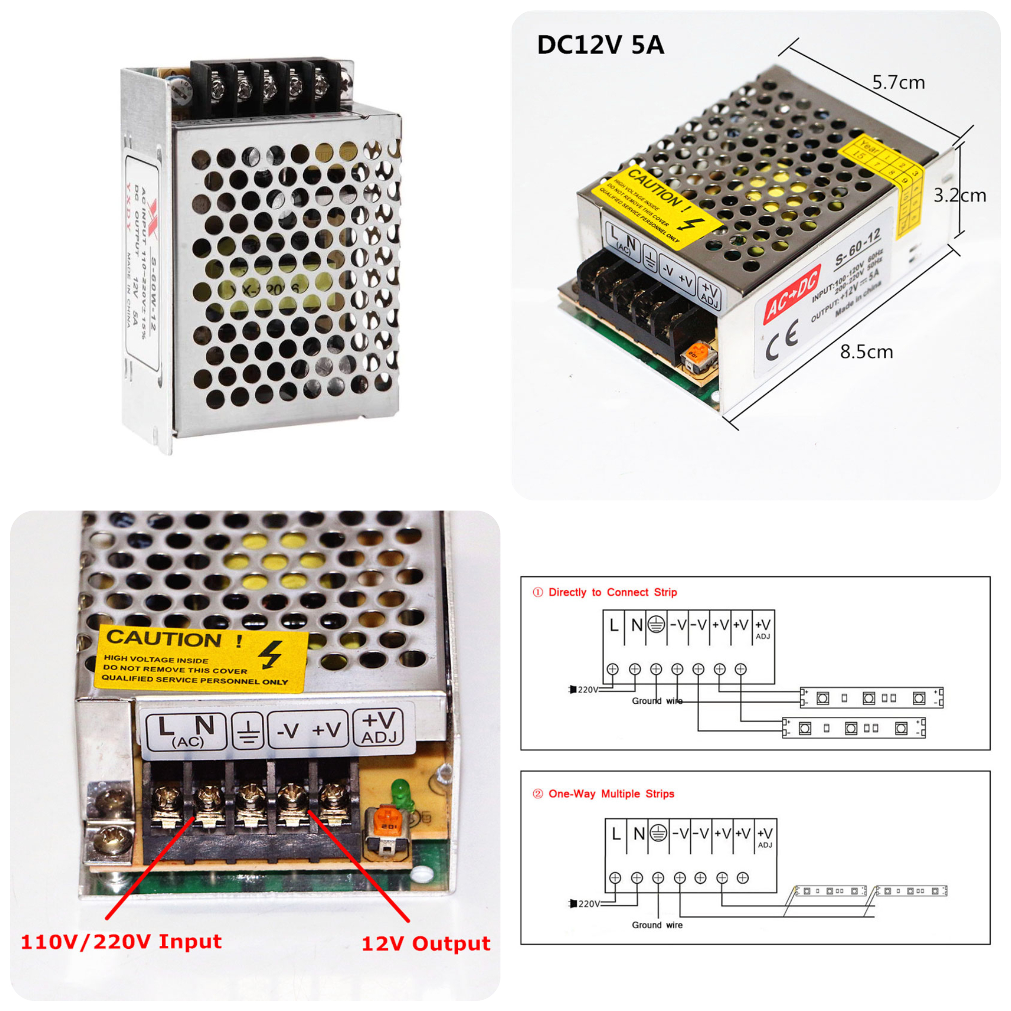 Nguồn tổ ong (nguồn tổng) 12v5a cho đèn led, camera, máy bơm mini, các thiết bị khác