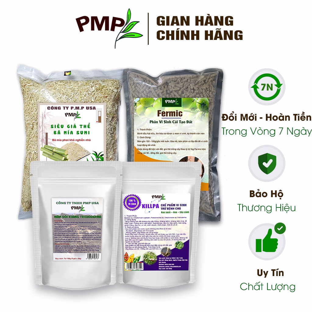 Combo bộ phân bón hữu cơ trộn đất trồng rau trồng hoa PMP - Phân cải tạo đất Fermic - Nấm Trichoderma - Bã Mía - Vi sinh trừ bệnh Killpa