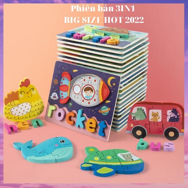 Đồ chơi thông minh 3in1 bộ tranh xếp hình, ghép chữ, ghép hình lắp ráp bằng gỗ 3D in nổi giúp bé phát triển tư duy
